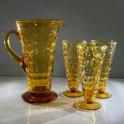 Hand Blown Vintage Mid Century Honey Amber Pitcher & 3 x Glasses