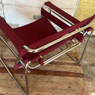 20.5.25Q Vintage Wassily Reproduction Chrome & Burgundy Canvas Armchair