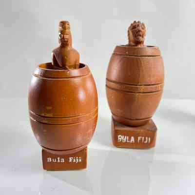 11.6.25a Post-War Vintage 'Bula Fiji' Erotic Carved Souvenirs – Pair