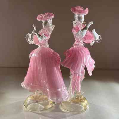 1.10.25a Vintage Pair of Murano Glass Carnival Dancing Figurines – Pink & Gold Fleck