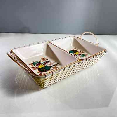 20.11.25a Vintage Lipper & Mann Japan Dual Serving Dishes With Wicker Caddy