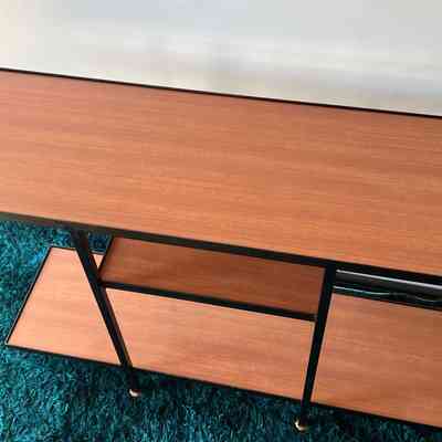 9.7.25a Mid Century Formica & Metal Console, Hallway, or Media Shelf Table