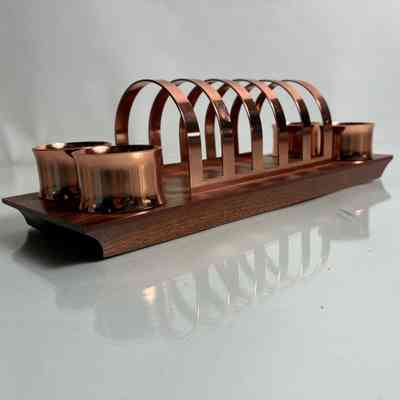 8.9.25d Retro Anolux Toast Rack & Napkin Ring Set. Anodised Aluminium on Timber Base