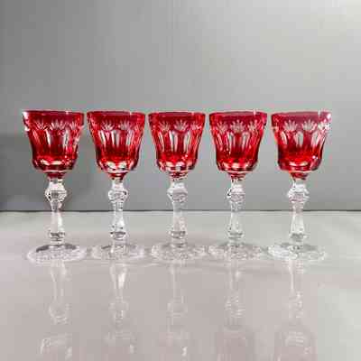 20.11.25b Vintage Cut to Clear Cranberry Crystal Glasses, Set of Five
