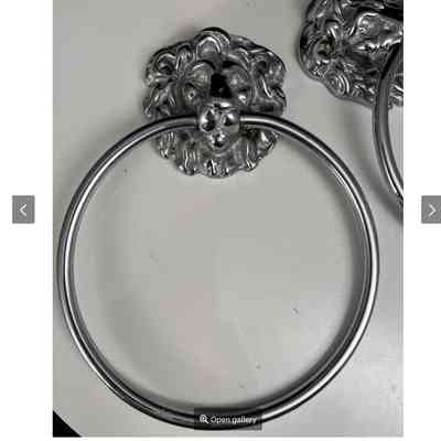 2 x Fabulous Mid-Century Modern Chrome Lion Head Towel Rings