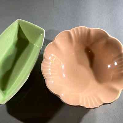 21.4.25d 2 Vintage Clarice Cliff Dishes – Pink & Green Glazed Earthenware, England
