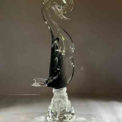 Large Mid-Century Murano Crested Bird – Clear & Smokey Grey Glass