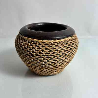 8.9.25b Handcrafted Pottery Vessel with Woven Rattan Exterior