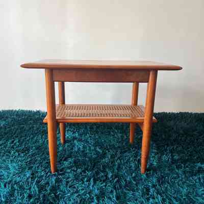 24.6.25b FAB Mid-Century PARKER Teak Side Table with Rattan Shelf