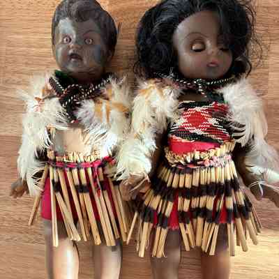 26.8.25b Rare Pair of Maori Dolls in Traditional Dress – Circa Mid-20th Century