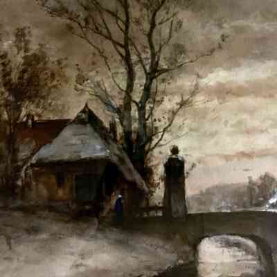 unknown (woman outside a house near a bridge)