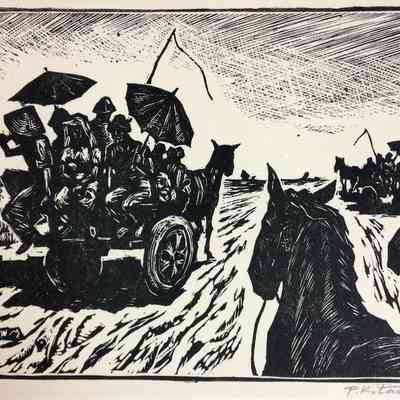 Ride on Carts - #8 of Repatriate Series. Wagons pulled by horses are full of people and moving toward the background.