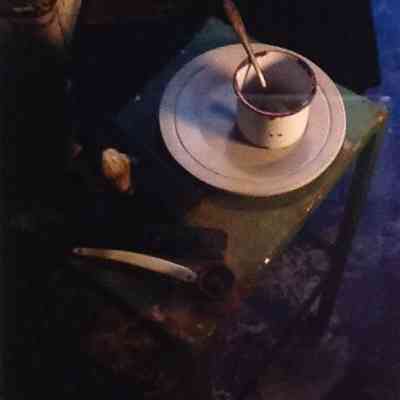 Untitled (green table, white plate and mug with shaving brush and straight razor)