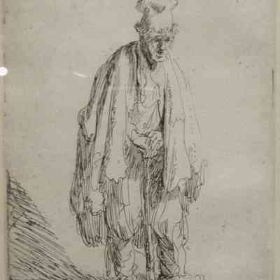 Beggar in High Cap Leaning on a Stick