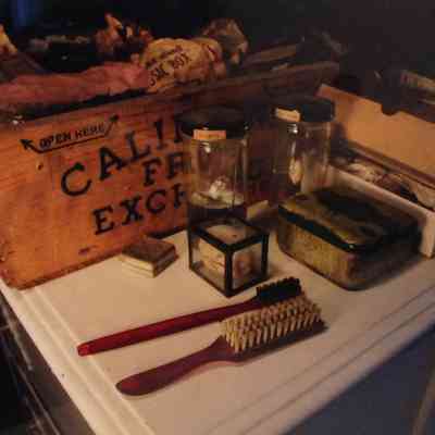 Untitled (wooden box, brushes, speciment in boxes, tin box on white table)
