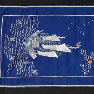 Blue Woven Silk Runner with Boat Motif
