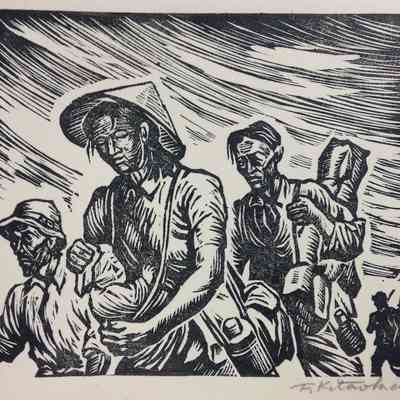 Homeward March - #1 of Repatriate Series. Picture of a weary looking family traveling with their belongings on their backs.