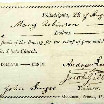 1812 – B	$1 PAYMENT FOR RELIEF OF POOR & DISTRESSED MEMBERS OF ST. JOHN’S CHURCH, PHILADELPHIA