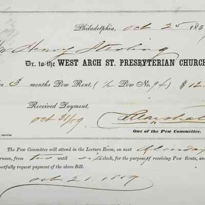 1859 – A	CHURCH PEW QUARTERLY TAX BILL, WEST ARCH ST. PRESBYTERIAN CHURCH