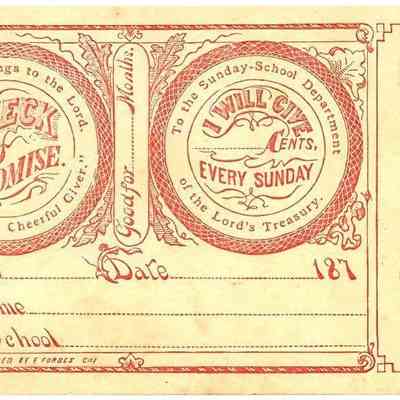 1875 – E	COMMIT CARD: CHECK OF PROMISE - CENTS EVERY SUNDAY