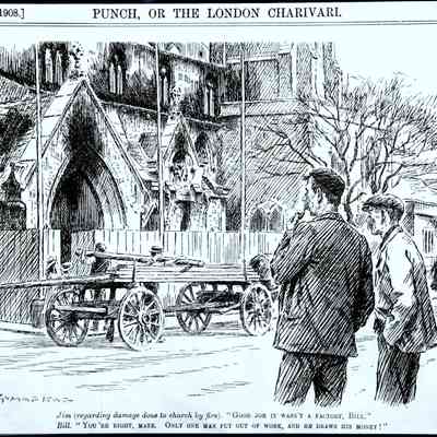 1908 – C	THE CHURCH BURN’T, NOT THE FACTORY! (A Punch Cartoon)