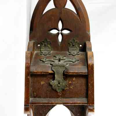 28,003 - A WALL HUNG GIVING RECEPTACLE - CARVED WOOD WITH METAL WORK
