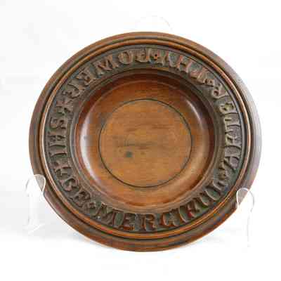 17,051 - CHURCH OFFERING PLATE WITH CARVED GOTHIC PHRASE AROUND OUTER EDGE