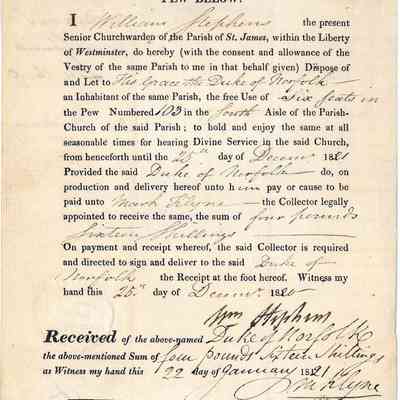 1821 – A	PARISH OF ST. JAMES PEW SALE DOCUMENT