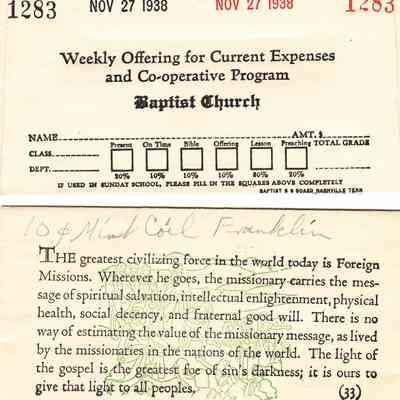 1938 – D	WEEKLY OFFERING FOR BAPTIST COOPERATIVE PROGRAM