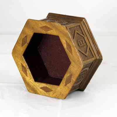17,014 - SIX SIDED CHURCH OFFERING BOWL WITH INLAID WOOD INSERTS