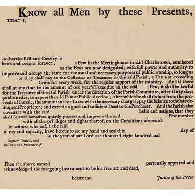 1802 – A	MINT, UNUSED, LEGAL PEW RENT CHARTER; CHARLESTON, SOUTH CAROLINA