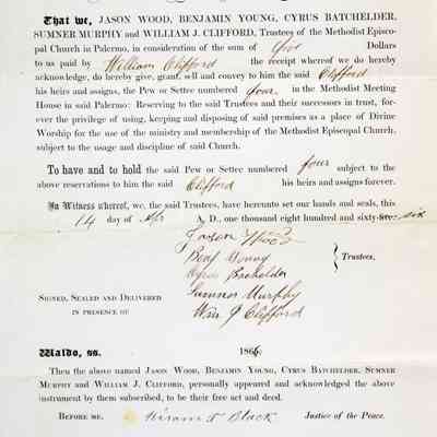 1866 – C	SALE OF PEW NUMBER 4 IN THE METHODIST EPISCOPAL CHURCH IN PALERMO