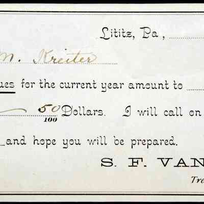 1892 – G	LITITZ, PA MORAVIN CHURCH DUES BILL