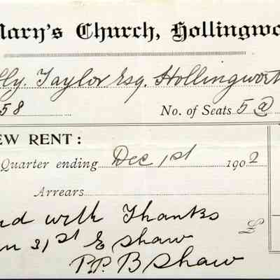 1902 – D	PEW RENT RECEIPT ST. MARY’S CHURCH, HOLLINGSWORTH
