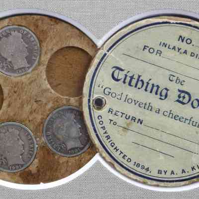 1894 – F	THE A.A. KIDDER BRAND TITHING DOLLAR COIN SAVER CARD