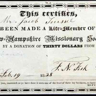 1838 – A	RECEIPT FOR LIFE-MEMBERSHIP DONATION IN NEW HAMPSHIRE MISSIONARY SOCIETY