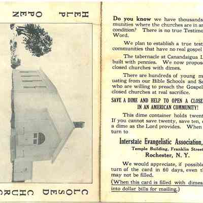 1914 – D	DIME COIN SAVER CARD: “OPEN A CLOSED CHURCH”