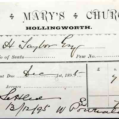 1895 – G	PEW RENT RECEIPT ST. MARY’S CHURCH, HOLLINGSWORTH