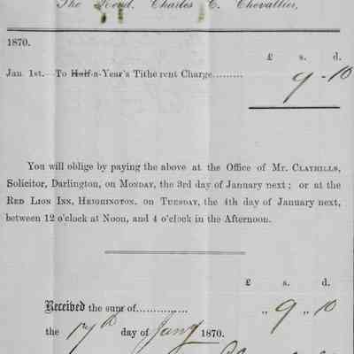 1870 – I ENGLISH CHURCH TITHE RENT CHARGE FOR HALF YEAR