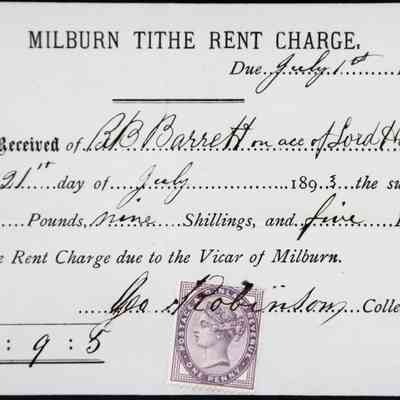 1893 – H	RECEIPT: TITHE-RENT DUE TO MILBURN PARISH, ENGLAND