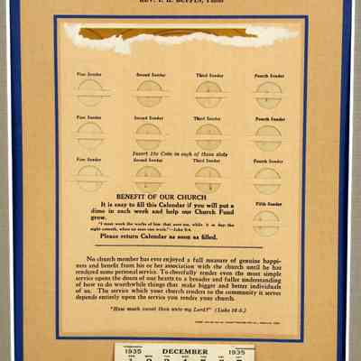 1935 – D DIME CALENDAR FOR ROCKY BRANCH BAPTIST CHURCH