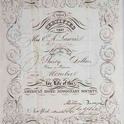 1850 – S	LIFE MEMBERSHIP DONOR CERTIFICATE FROM AMERICAN HOME MISSIONARY SOCIETY