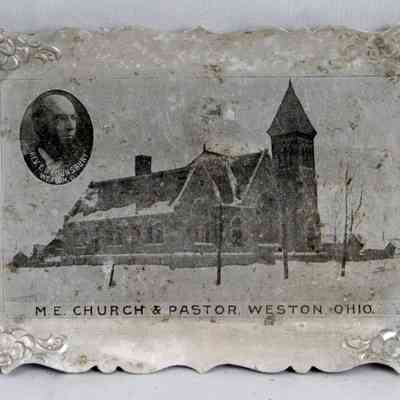 17,503 - CHURCH TIN TRAY. M.E. CHURCH, WESTON, OHIO