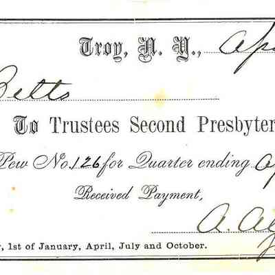 1878 – E	PEW RENT RECEIPT 2ND PRESBYTERIAN CHURCH, TROY, NY