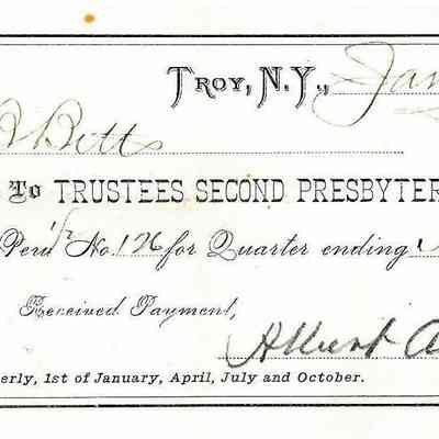 1881 – F	PEW RENT RECEIPT 2ND PRESBYTERIAN CHURCH