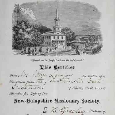 1879 – A	MEMBERSHIP CERTIFICATE IN THE NEW HAMPSHIRE MISSIONARY SOCIETY