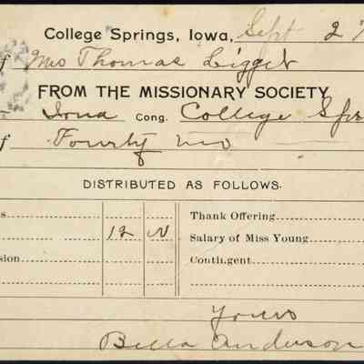 1900 – C	RECEIPT CARD FROM COLLEGE SPRINGS MISSIONARY SOCIETY