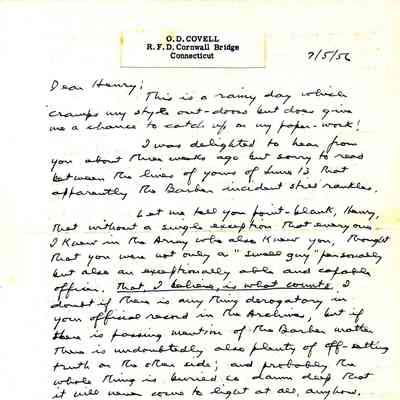 Letter from O.D. Covell at R.F.D. Cornwall Bridge, CT to Henry Taylor in Richmond, VA dated 7/5/1956