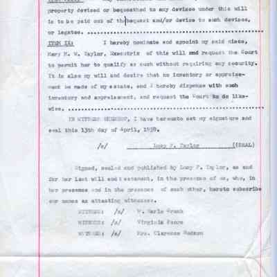 Last will and testament of Lucy P. Taylor of Louisa Va. dated 4/13/1959