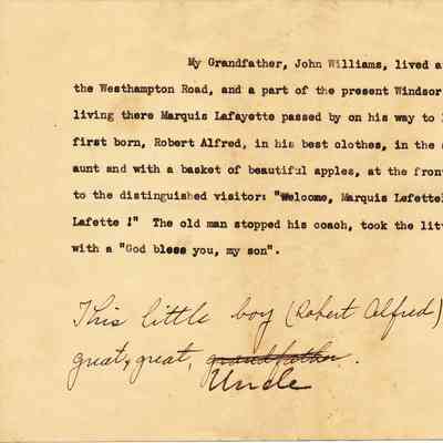 Note or an excerpt from a letter or memoire regarding Robert Alfred Williams meeting the Marquis Lafayette traveling to Richmond